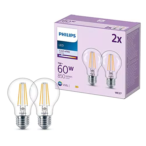 Philips Bombilla LED Clásica Transparente 7W E27 Luz Fría 850 Lúmenes