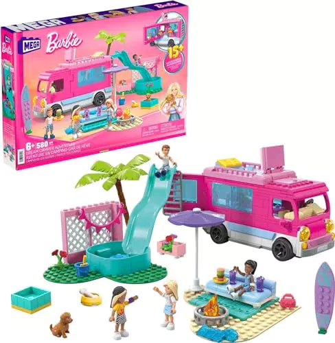 Mattel Mega Construx Barbie: Aventura en Autocaravana con Mini Muñecas y Accesorios
