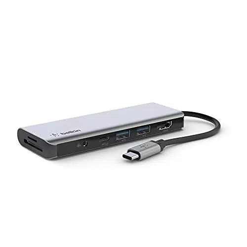 Belkin Hub USB-C 7 en 1 con HDMI 4K, USB-A, audio 3.5 mm y ranura SD/Micro-SD