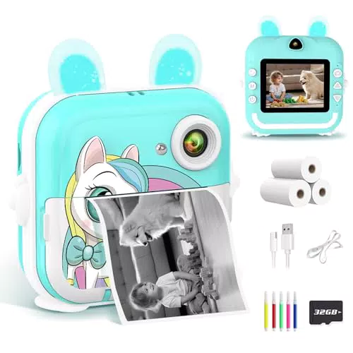 Cámara Instantánea Infantil HD 1080P con Tarjeta de 32GB y Papel Fotográfico