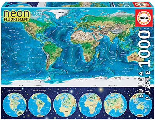 Educa - Puzzle Mapamundi Físico Fluorescente que Brilla en la Oscuridad
