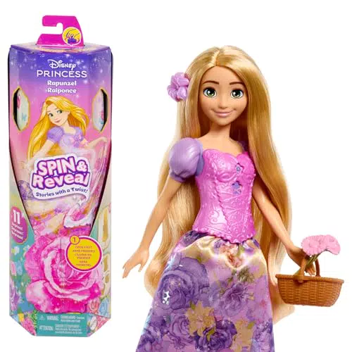 Mattel Princesa Rapunzel Spin & Reveal, muñeca con accesorios y pegatinas