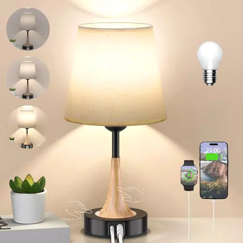 NestAura Lámpara de Mesita de Noche LED Táctil Regulable con Puertos USB
