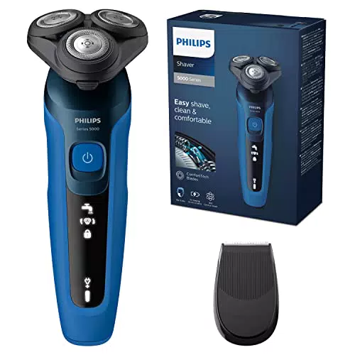Philips, Afeitadora serie 5000, afeitadora eléctrica Wet & Dry para hombre en azul metalizado con recortador de precisión y estuche de viaje blando