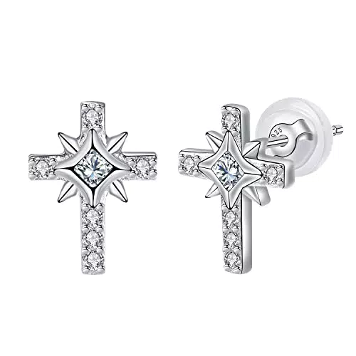 Arrebol Pendientes Cruz Mujer Plata de Ley 925 con Zirconia Cúbica Mujer Hombre Original Joyería Regalo