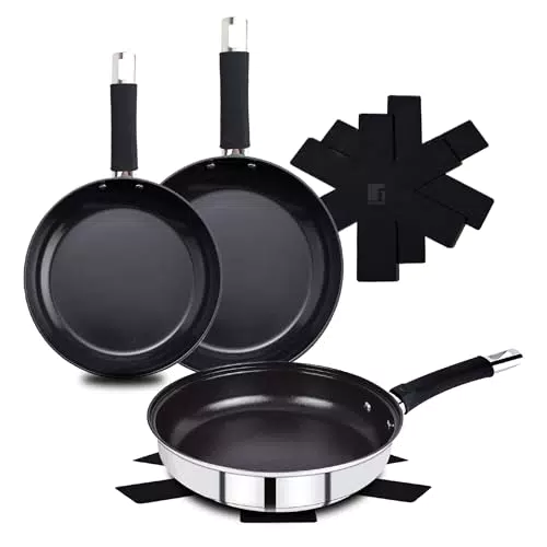 BERGNER BASTER - Juego de 3 Sartenes de 20+24+28CM de Acero Inoxidable Con Asas Huecas Incluye 3 Protectores Aptas para Inducción