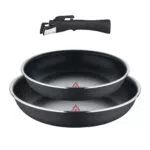 Bergner CLICK&COOK - Set 3 Pzs Sartenes con Mango Desmontable - Aluminio Prensado & Heat Dot - Revestimiento ILAG Essential - Negro