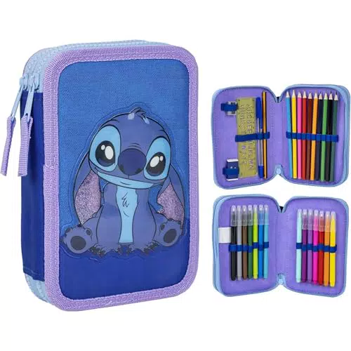 Estuche de 3 Compartimentos de Stitch - Color Azul - 12