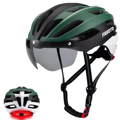 Favoto Casco de Bicicleta para Mujeres y Hombres con Luz - Tamaño Ajustable Material EPS Visera Desmontable Diseño con Luz Trasera 57-61cm Verde