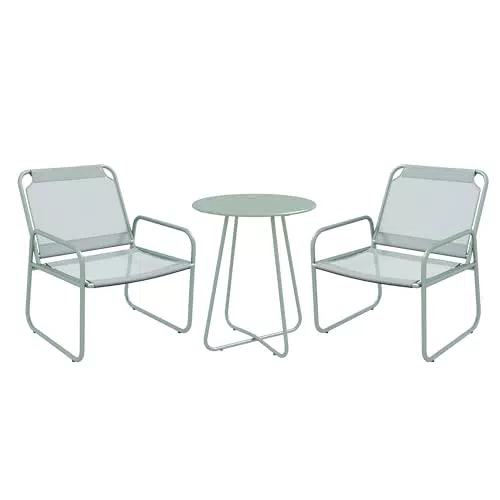 Outsunny Conjunto de Jardín Exterior Muebles de Jardín Exterior Juego de 1 Mesa Redonda y 2 Sillas de Terraza con Marco de Acero Reposabrazos y Almohadillas Ajustables para los Pies Verde
