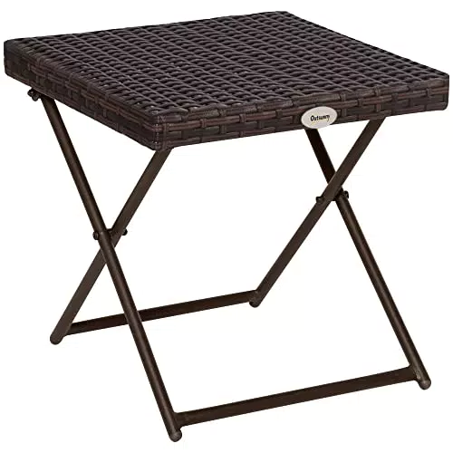 Outsunny Mesa de Jardín de Ratán Sintético Mesa de Terraza Exterior Plegable con Patas Cruzadas y Marco de Acero para Patio Balcón Marrón