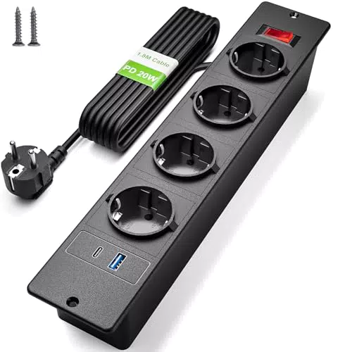 Regleta de Mesa con USB C PD20W, Enchufe Empotrable 4 Tomas con Interruptor