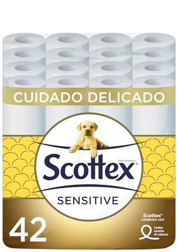 Scottex Papel Higiénico Sensitive 42 rollos con 3 capas cuidado delicado gracias al toque de leche de almendras
