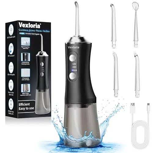 Vexloria Irrigador Bucal Portatil Water Flosser, 300ML Irrigador Dental Profesional 4 Boquillas 3 Modos