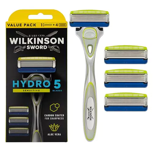 Wilkinson Sword Hydro 5 Skin Protection Sensitive - Maquinilla de Afeitar de 5 Hojas con 4 Recambios de Cuchillas de Afeitar de 5 Hojas Enriquecidas con Vitamina E para Pieles Sensibles