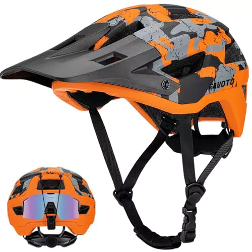 Favoto Casco de Bicicleta de Montaña con Visera - Tecnología Doble Inmould Casco MTB Ciclismo Ligero para Adultos CE Certificado L Ajustable Naranja Camuflaje