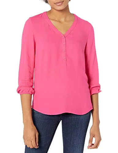 Amazon Essentials Camisa de Botones con Manga 3/4 y Corte Holgado para Mujer