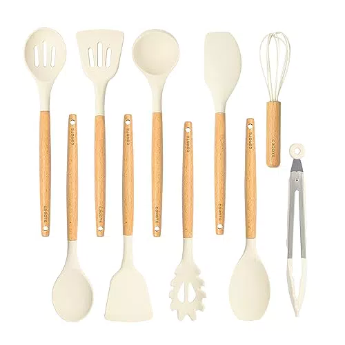 CAROTE Utensilios de Cocina de Silicona y Madera, Antiadherentes y Resistentes