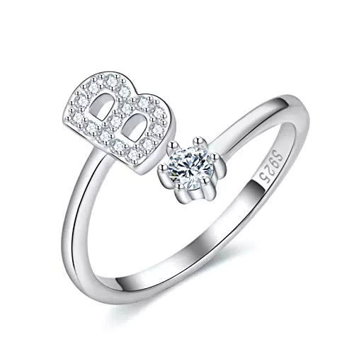 CrysLove Anillo de Iniciales de Plata de Ley con Zirconia Cúbica y Tamaño Ajustable