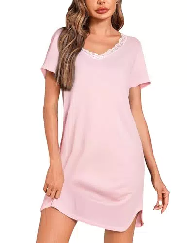 Litherday Camisón de Manga Corta de Algodón con Cuello en V para Mujer