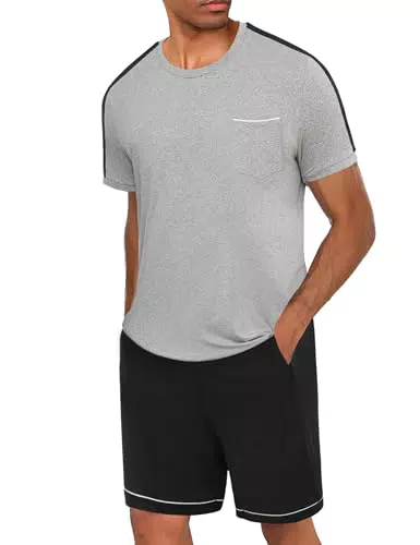 Crewhpo Pijama Hombre Corto para Verano, Conjunto Camiseta y Pantalones con Bolsillos