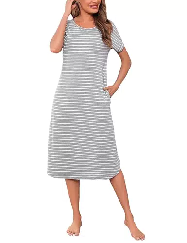 Litherday Camisón Largo de Algodón para Mujer con Bolsillos y Manga Corta