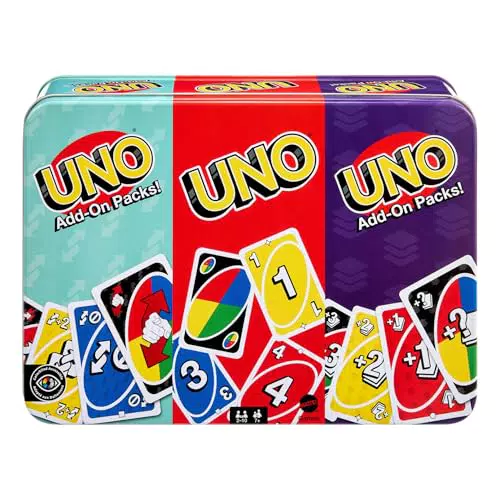 Mattel Games UNO - Juego de cartas con 2 Packs de expansión y Caja metálica coleccionable