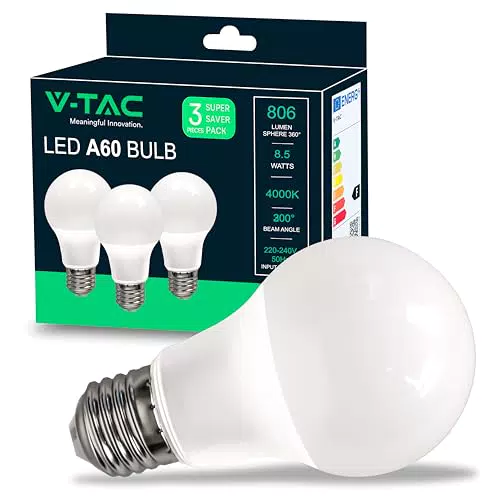 V-TAC Bombillas LED E27 A60 8,5W Equivalente a 60W 806 Lumen 4000K Blanco Neutro