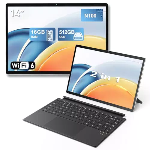 FUNYET Laptop 2 en 1 de 14" con Windows 11, procesador N100, 16 GB RAM, 512 GB SSD