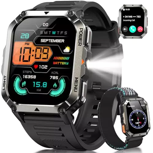 IOWODO Reloj Inteligente Militar con Bluetooth, 20 Días de Batería, IP68 y 123 Modos