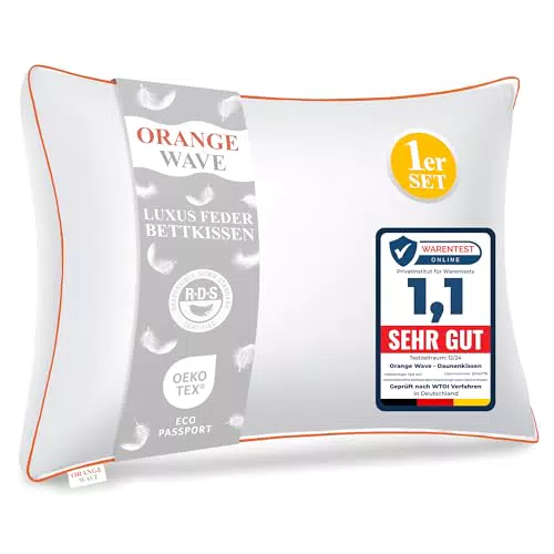 Orange Wave Almohada de Plumas - Cojín Ergonómico de Lujo Certificado RDS y Oeko-Tex