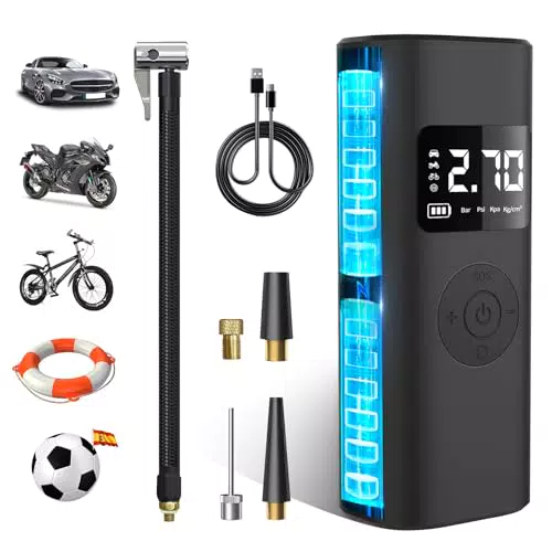 Hexinex Compresor de Aire Portátil 150PSI e Inflador con Power Bank y Linterna LED