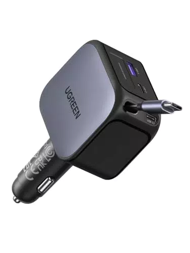 UGREEN Cargador de Coche Retráctil 145W USB C, Carga Rápida para iPhone, Galaxy, MacBook