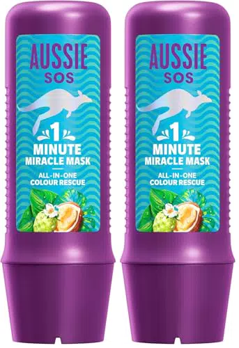 Aussie SOS 1 Minute Miracle Mascarilla para cabello seco y teñido, brillo e hidratación
