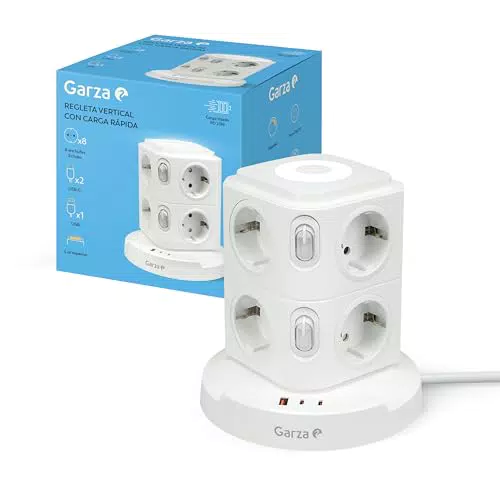 Garza Regleta Torre 11 en 1 con 8 Enchufes, USB-C PD20W, USB-A, Protección Avanzada