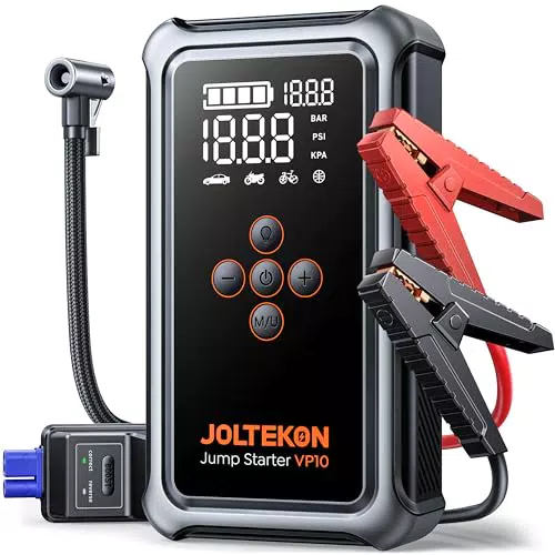 Joltekon Arrancador de Batería de Coche 12V con Compresor y Linterna 3 en 1