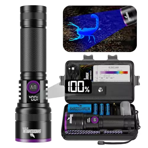 Shadowhawk 365nm Linterna UV Recargable con Filtro, 4 Núcleos y Pantalla LCD