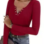 Aottori Camiseta Mujer Manga Larga Cuello V Elegante Punto Acanalado Botones