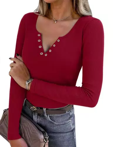 Aottori Camiseta Mujer Manga Larga Cuello V Elegante Punto Acanalado Botones