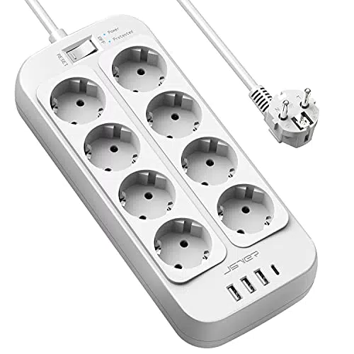 JSVER Regleta Enchufe con 4 Puertos USB y 8 Tomas Protección Sobretensión