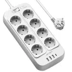 JSVER Regleta Enchufe con 4 Puertos USB y 8 Tomas Protección Sobretensión 3680W