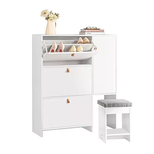 SoBuy FSR107-W Zapatero con Puerta y Taburete para Armario de Entrada