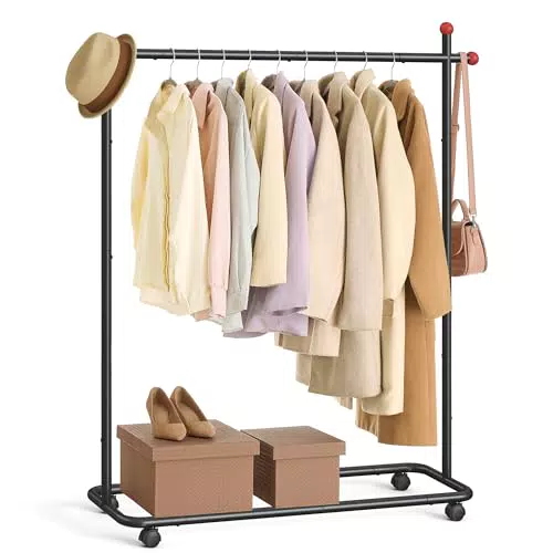 SONGMICS Perchero Metálico con Ruedas y Ganchos, Barra para Colgar Ropa