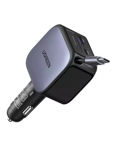 UGREEN Cargador Coche Retráctil 60W USB C 3 Puertos Carga Rápida Compatible iPhone Samsung