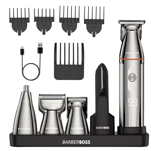 BarberBoss Recortadora Barba 5 en 1 Kit Aseo Masculino Inalámbrico con Pantalla LED