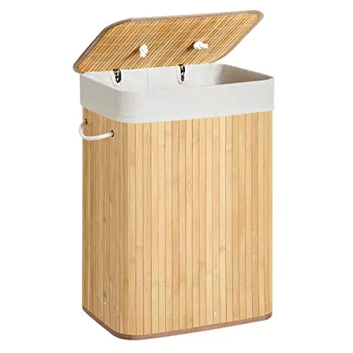Songmics Cesto Ropa Sucia con Tapa de Bambú Plegable con Bolsa Extraíble