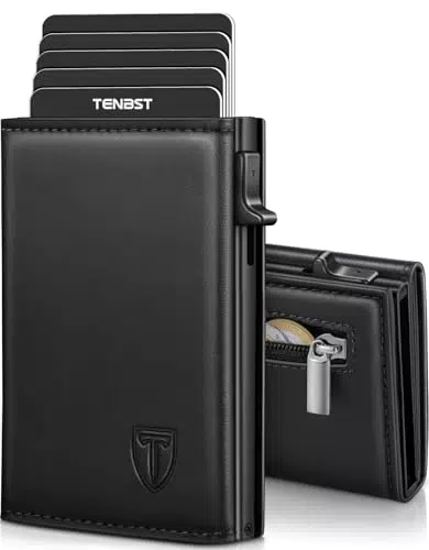 TENBST Cartera Hombre de Cuero con Tarjetero RFID y Monedero, Caja Regalo